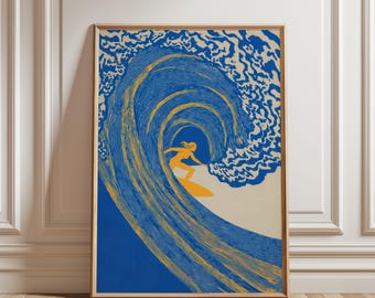 Japanese Surf Wall Art, Retro Wave Poster, Minimalist Surfer Girl Print, Blue and Yellow Wave Illustration, Coastal Beach House Decor