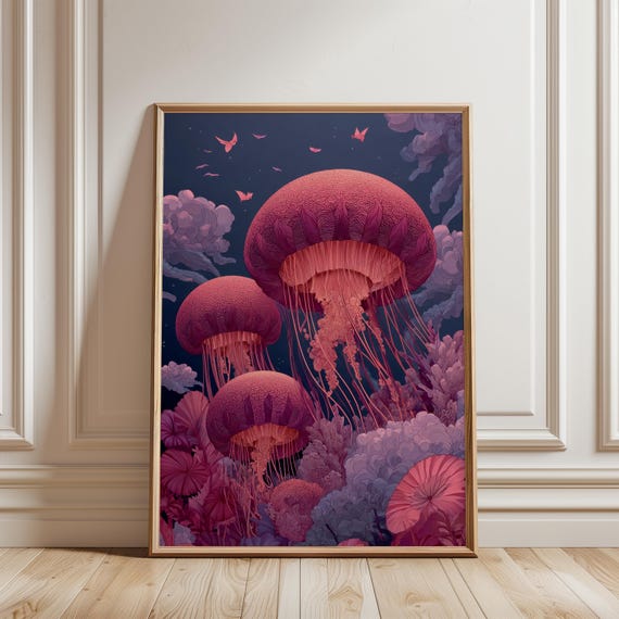 Surreal Jellyfish Wall Art Poster, Dreamy Ocean Fantasy Illustration, Modern Underwater Home Decor