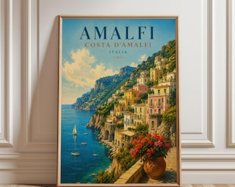 Amalfi Coast Travel Poster, Italian Seaside Village Wall Art, Mediterranean Landscape Print