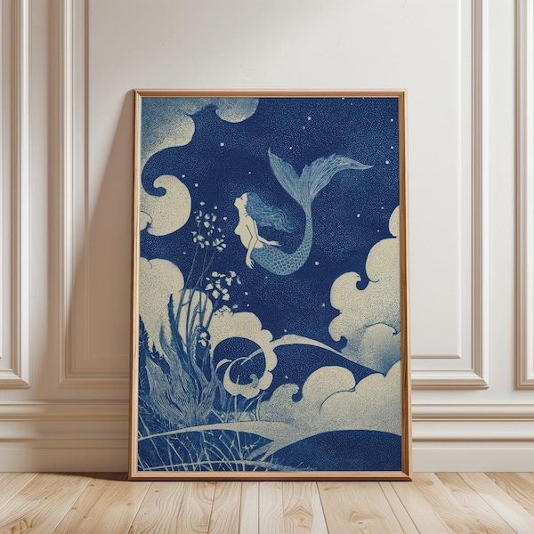 Impresión artística de sirena oceánica, ilustración vintage del mar nocturno, póster decorativo de fantasía para pared