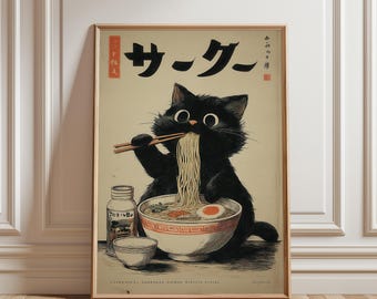 Póster de un lindo gato negro comiendo ramen, arte mural japonés estilo ukiyo-e, divertida decoración de cocina de gato anime, ilustración retro de comida asiática.