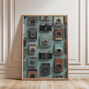 May include: A framed print featuring a collection of vintage cameras in various colors, including black, brown, and blue. The cameras are arranged against a light blue background, creating a nostalgic and artistic display. The wooden frame adds a classic touch.