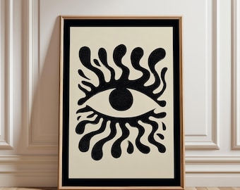 Abstract Eye Wall Art, Surreal Minimalist Poster, Psychedelic Black and Beige Print