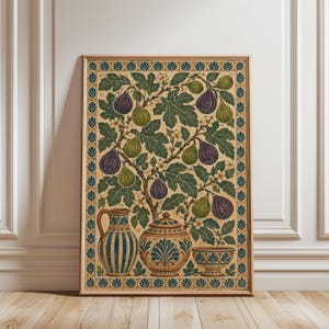 May include: A rectangular framed wall art print featuring a botanical illustration of a fig tree with purple and green figs and white flowers. Below the tree are three ceramic vessels: a striped pitcher, a lidded jar, and a small bowl.