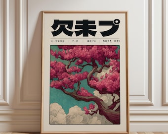 Japanese Sakura Wall Art, Ukiyoe Cherry Blossom Illustration, Vintage Nature Poster