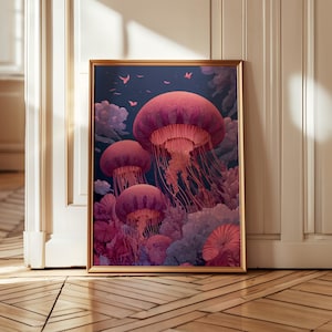 May include: Framed art print featuring a surreal underwater scene with large, vibrant pink jellyfish. The artwork has a dark blue background with soft clouds and hints of coral. The frame is gold.