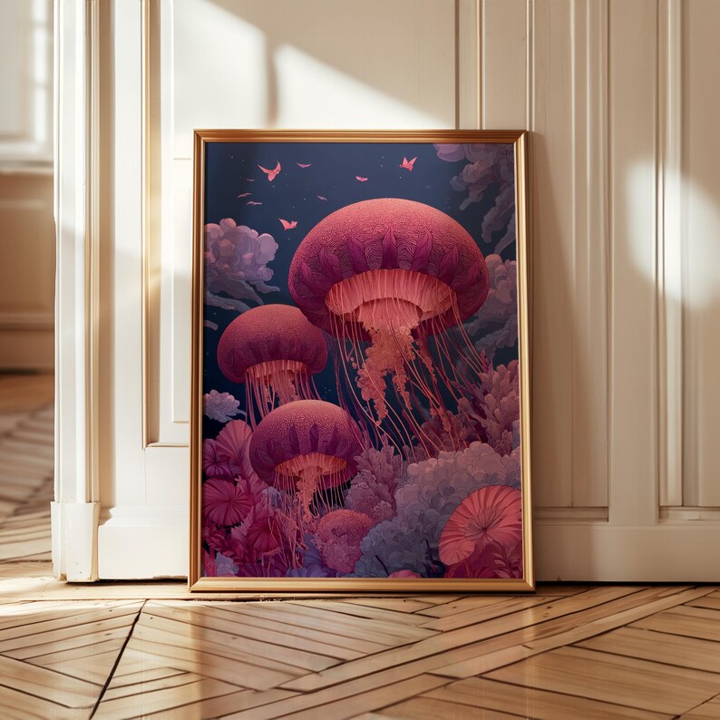 May include: Framed art print featuring a surreal underwater scene with large, vibrant pink jellyfish. The artwork has a dark blue background with soft clouds and hints of coral. The frame is gold.