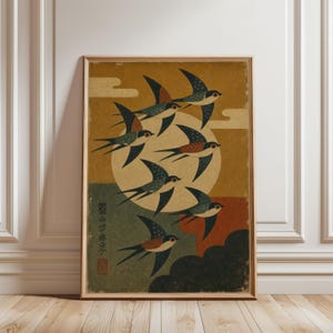 Japanese Swallow Flight Poster, Art Deco Moonlit Bird Wall Art, Vintage Sky Migration Print