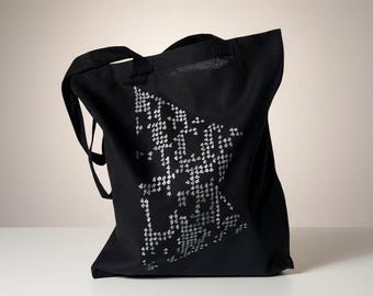 Hand-Drawn Black Cotton Tote Bag – Minimalist Pixel Dot Design (100% Cotton)