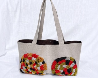 Handmade Linen Tote Bag – Contemporary Punch Needle Textile Art – One of a Kind Shoulder Bag – Gift for Her
