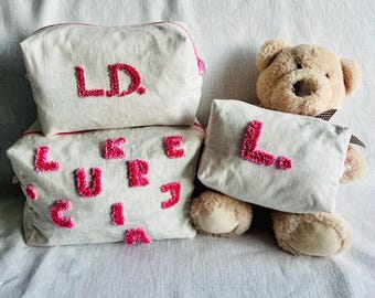 Personalized Handmade Punch Needle Baby Pouch – Custom Name Linen Keepsake – Baby Shower, Christening Gift