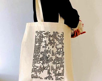 Hand-Drawn Pixel Dot Cotton Tote Bag – Minimalist Travel Shoulder Bag