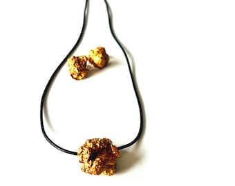 Antique Gold Tone Sculptural Jewelry Set, Handmade Statement Necklace and Earrings, Unique Wearable Art