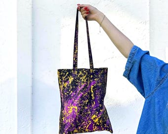 Hand Painted Black Cotton Tote – Abstract Textile Art Shoulder Bag – Everyday Shopping, Gym, Travel Tote – Original Gift for Her