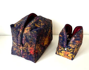 Hand-Painted Indigo Ochre Cosmetic Bag Set – Abstract Travel Pouches (2 Sizes)