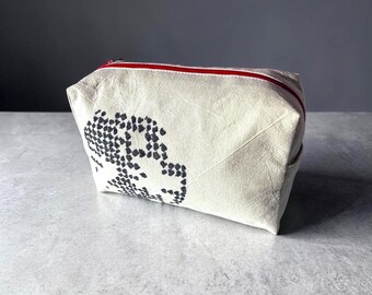 Cotton Makeup Bag – Hand Drawn Black Dot Design – Red Zipper Pouch – Travel Toiletry Bag