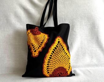 Black Cotton Tote Bag with Handmade Crochet Leaves – Nature Inspired Shoulder Bag