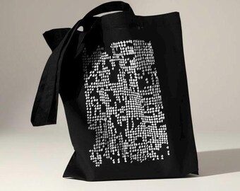 Hand-Drawn Pixel Dot Cotton Tote Bag – Minimalist Black Shoulder Bag (16.5"H)