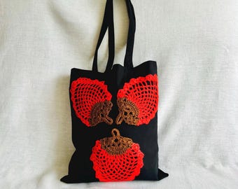 Black Cotton Tote Bag with Crochet Leaf Appliqués – Handmade Design Summer Bag  – Gift for Her