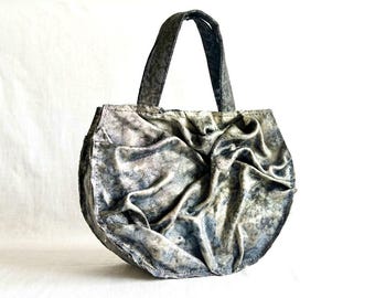 Sculptural Textured Handbag, Wearable Art, Upcycled Textile, Charcoal, Black & Grey with Antique Silver Metallic Finish