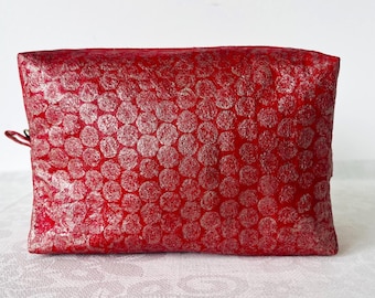 Hand-Painted Red Cotton Cosmetic Bag – Silver Dotted Travel Wash Pouch (6.7" L)
