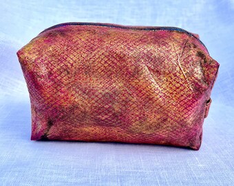 Hand-Painted Cotton Cosmetic Bag – Pink Gold Brown Travel Pouch – Artistic Zipper Bag
