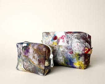 Hand Painted Cosmetic Bags – Abstract Textile Art Makeup Pouches – Set of 2