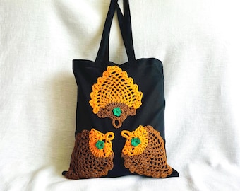 Black Cotton Tote –  Bag with Handmade Crochet Leaves – Nature Inspired Shoulder Bag – Gift for Her