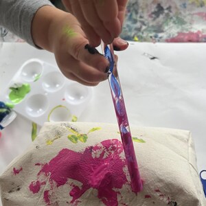 Puede incluir: Un estuche de lona beige con cremallera azul est&aacute; salpicado de pintura rosa. Un pincel con pintura rosa y azul se sostiene sobre el estuche. Una paleta de pintura blanca con pintura verde est&aacute; en el fondo.