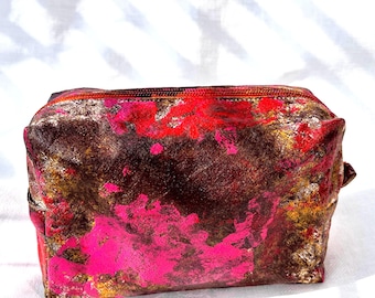 Hand-Painted Abstract Cotton Cosmetic Bag – Pink, Gold, Brown Travel Pouch