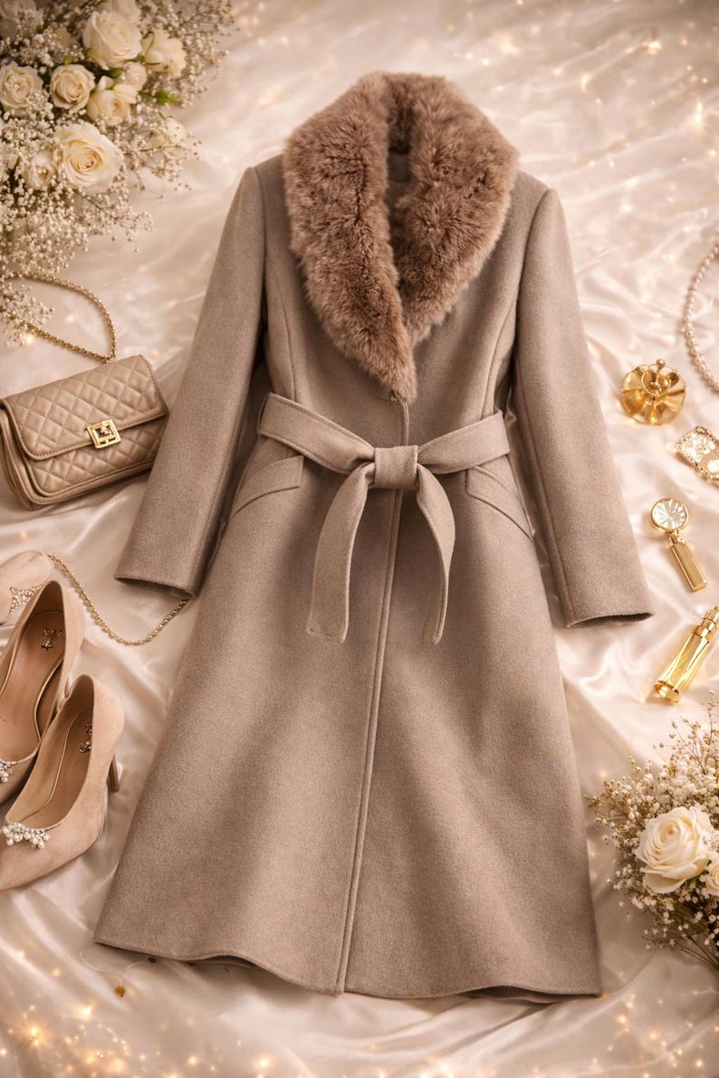 Peut inclure: Un long manteau beige avec un col en fausse fourrure et une ceinture assortie nou&eacute;e &agrave; la taille. Le manteau est pr&eacute;sent&eacute; avec un sac &agrave; main beige, des chaussures &agrave; talons hauts et des &eacute;l&eacute;ments d&eacute;coratifs, sugg&eacute;rant un th&egrave;me de mode. La longueur du manteau est d'environ 130 cm.