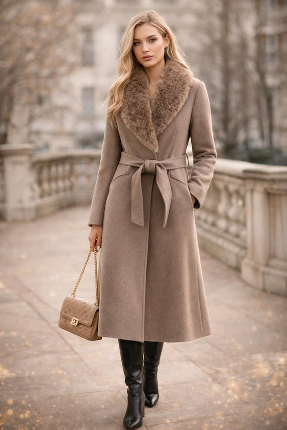 Women’s Warm Wool Coat with Fur Collar – Belted Winter Long Coat, Elegant Autumn Outerwear