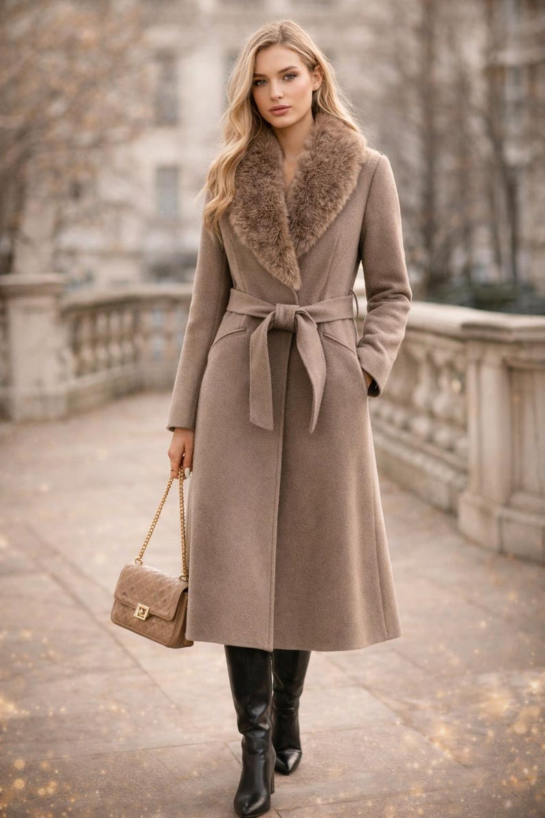 Peut inclure: Long manteau taupe avec col en fausse fourrure et ceinture assortie. Le manteau pr&eacute;sente un design classique avec un ourlet au genou et est associ&eacute; &agrave; des bottes noires et un sac &agrave; main beige avec une cha&icirc;ne dor&eacute;e. La longueur du manteau est d'environ 120 cm.