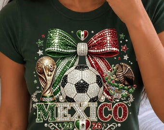 Mexico 2026 Soccer Rhinestone Bow PNG Sublimation Design Glitter Football Sport Fan Digital Download File