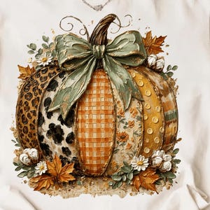 May include: A white short-sleeve t-shirt featuring a large graphic of a pumpkin decorated with a sage green bow. The pumpkin segments display various patterns including leopard print, orange gingham, floral motifs, and polka dots, accented by leaves.