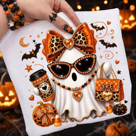 Boojee Ghost PNG, Leopard Print Halloween Sublimation, Trendy Coquette Spooky Aesthetic, Rhinestone Pumpkin Latte Design,Digital Download