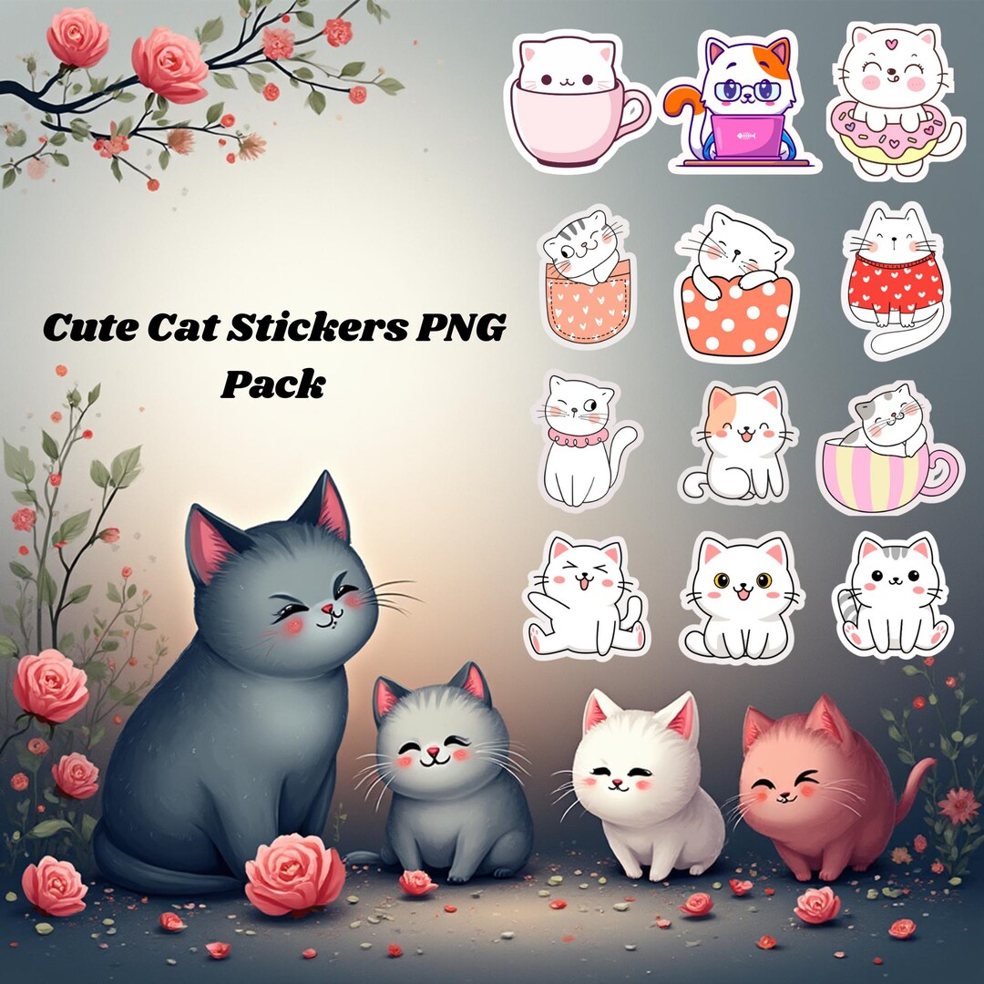Cute Kawaii Cat Stickers PNG Bundle, Adorable Cartoon Kitty Stickers ...