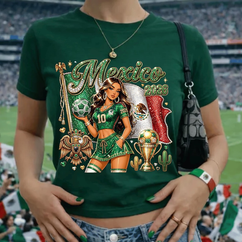 May include: A dark green t-shirt featuring a graphic print of a person in a green soccer uniform, a soccer ball, a gold trophy, a Mexican flag, and the text "Mexico 2026". The design includes a golden eagle emblem and small cactus icons.