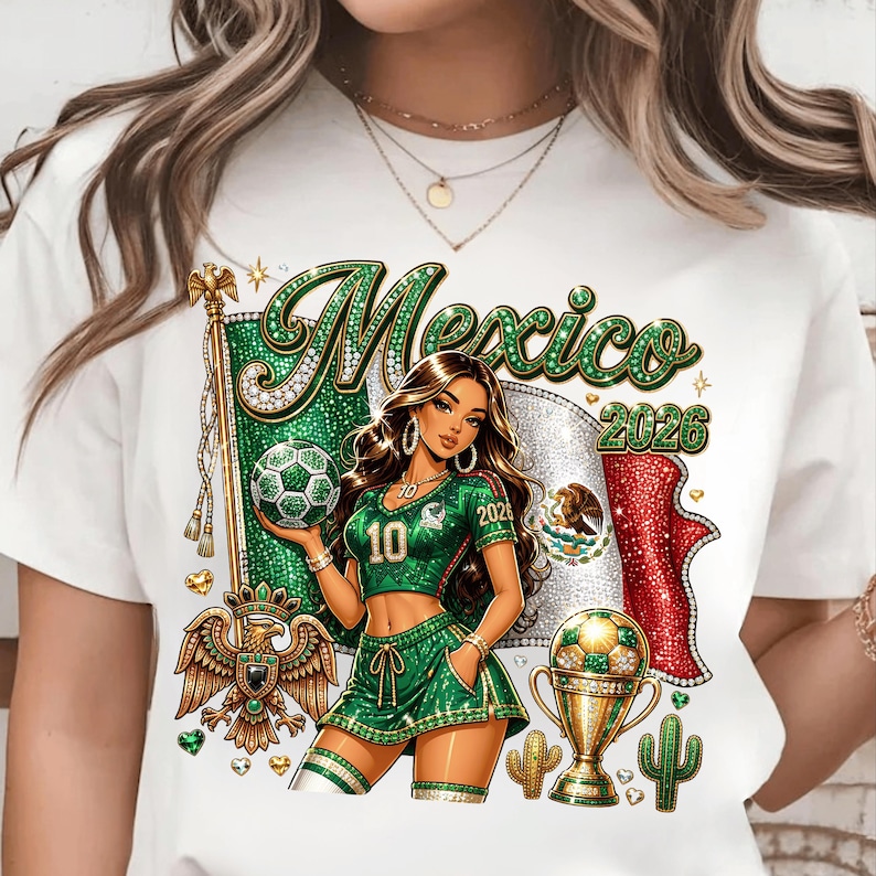 May include: A white t-shirt featuring a graphic of a person in a green soccer uniform holding a soccer ball. The design includes the text "Mexico" and "2026," a Mexican flag, a golden eagle emblem, a trophy filled with soccer balls, and cacti.