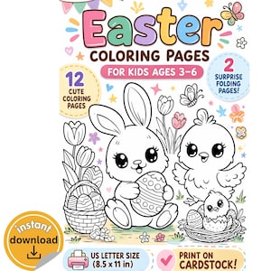 Easter Coloring Pages for Kids, 12 Bunny Chick Egg Printable Activities (Digital Download)