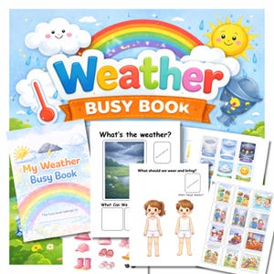 Op de afbeelding: Een kleurrijk "Weather Busy Book" met een regenboog, zon en wolken. Het boek bevat pagina's met weergerelateerde activiteiten, illustraties en de tekst "My Weather Busy Book". Extra elementen zijn weerkaarten en kledinguitknipsels.