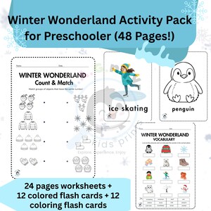May include: A winter activity pack for preschoolers, featuring worksheets, flashcards, and colouring cards. The image displays a worksheet with winter objects, a penguin card, and a card with a person ice skating. Includes 48 pages.