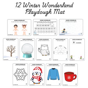 May include: A set of 12 Winter Wonderland Playdough Mat cards. Each card features a winter-themed activity, including a snowman, a snow globe, an owl, and a snowflake. The cards are designed for children's play and learning.