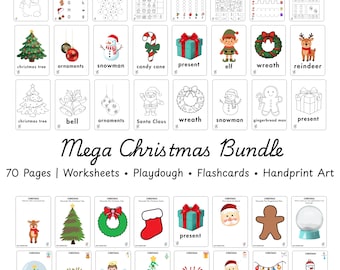 Christmas Activity Bundle for Preschoolers, 70-Page Printable Worksheets, Playdough Mats, Flashcards and Handprint Art