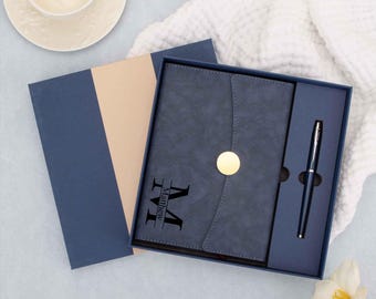 Gepersonaliseerde leren notitieboekje cadeauset, op maat gegraveerd dagboek met metalen sluiting, afstudeercadeau, zakelijk notitieboekje, terug naar school cadeau