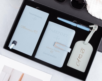 Set de regalo de viaje personalizado, porta pasaporte de piel sintética con grabado personalizado, etiqueta de equipaje y libreta, ideal para viajes en pareja, regalo de primavera para viajeros.
