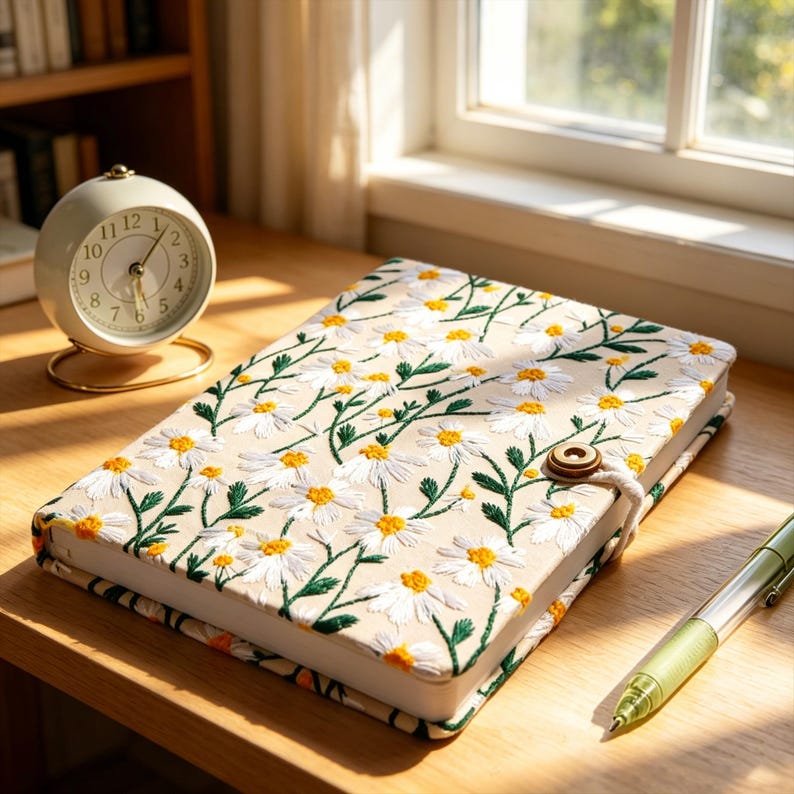 May include: A beige journal with an embroidered daisy pattern, a wooden button closure, and a cream-colored cord. A small, round, cream-colored alarm clock with a gold base sits to the left. A green pen rests on the wooden surface.