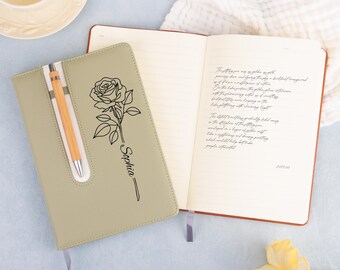 Gepersonaliseerde A5-notitieboek van PU-leer met pennenhouder, op maat gegraveerd dagboek, attent cadeau voor Valentijnsdag en lente