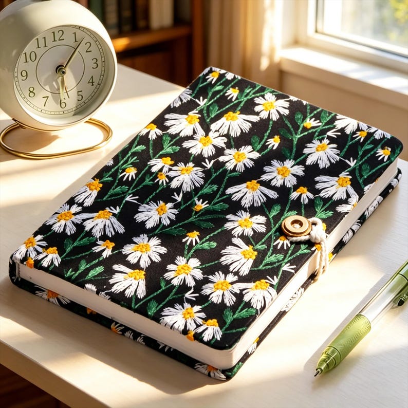 May include: A black journal with a white daisy floral embroidery design. The journal has a button closure and a cream-colored spine. A gold-colored alarm clock and a green pen are also on the table.