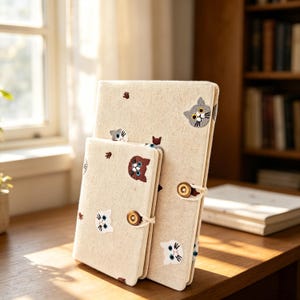 Embroidered Cat Fabric Notebook A5 A6 Handmade Journal Soft Cover Cute Cat Lover Gift Blank Grid Lined Writing Diary GiftForHerChristmasGift
